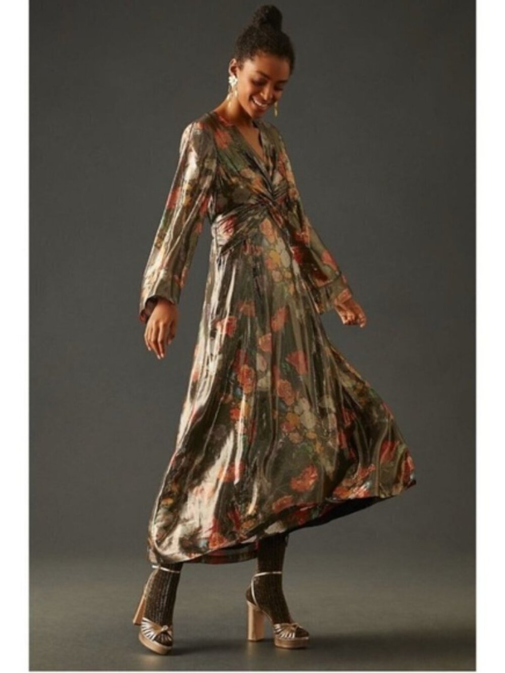 Anthropologie Boho Festival Metallic Crinkle Floral Foil Finish Maxi Dress - M